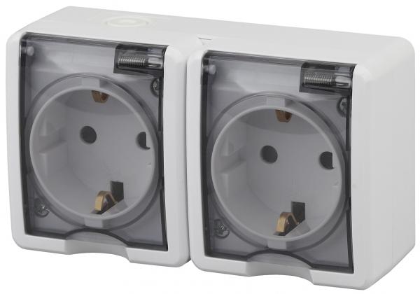 ЭРА  Эксперт  Белый  Розетка 2х2P+E IP54, шторки, 16АХ-250В, открытая установка 11-2404-01 Б0020718
